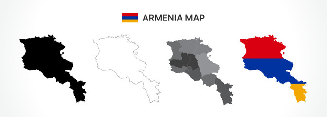 Detailed Armenia Map Collection with Outline, Silhouette, Administrative Divisions, and Flag Overlay Variations