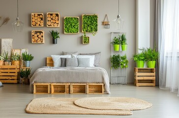 Cozy Modern Bedroom with Natural Wood Accents and Green Plants