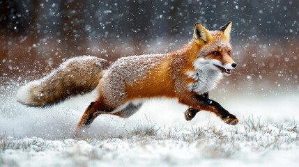 A lively fox dashes through a snowy landscape, showcasing its vibrant fur and playful spirit as snowflakes swirl around.