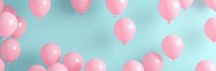 Pink balloons float against a light blue background creating a festive and cheerful atmosphere for celebrations and gatherings