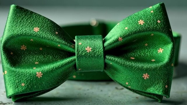 Saint Patrick's Day background with A green bow tie with stars on it. The bow tie is on a marble counter. The bow tie is green and has a star pattern