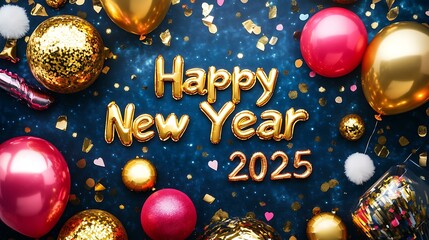 New Year celebration scene with gold "Happy New Year 2025" message balloons and party decorations on a vibrant backdrop