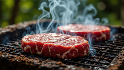 Juicy beef steaks sizzling on a grill with delicious melted butter, perfect for grilling enthusiasts or barbecue lovers.