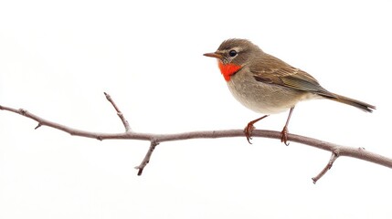 Red-breasted bird perched on branch, white background, wildlife, nature photography