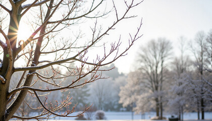 Bare tree branches illuminated by winter sunlight, peaceful solitude
