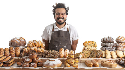 Baker with assortment of fresh baked bread on transparent background
