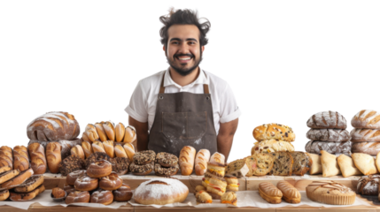 Baker with assortment of fresh baked bread on transparent background