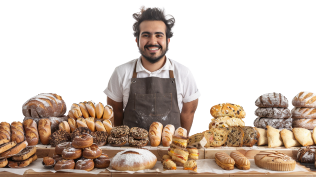 Baker with assortment of fresh baked bread on transparent background