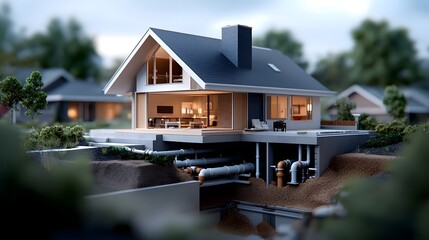 Highly Digital Showcasing the Detailed Cutaway View of a Quaint Suburban House Revealing the Crucial Subsurface Plumbing and Foundation Infrastructure
