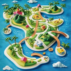 Colorful tropical island with pathways and vibrant activities for tourists