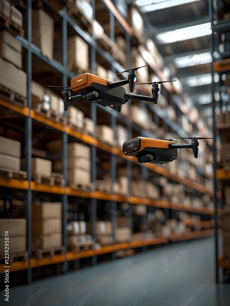 Poster hyper efficient futuristic ai powered warehouse with towering robotic shelves and precision drones f