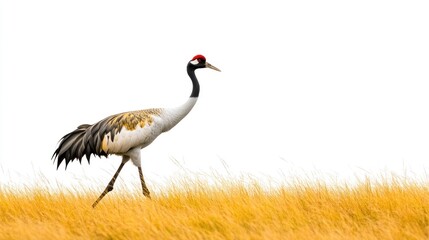 Obraz premium Red-crowned crane walking in golden grass against white background