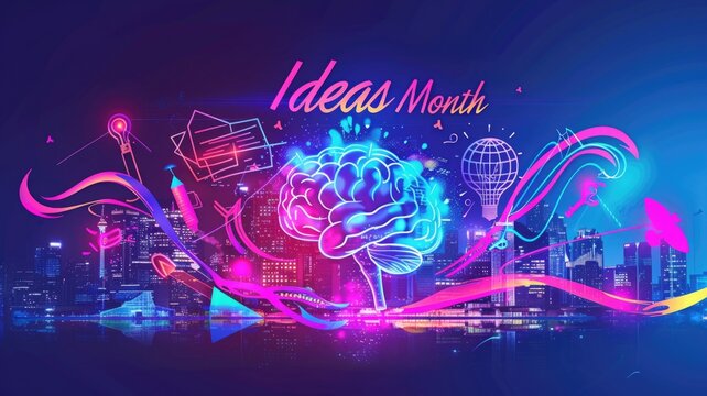 Creative innovation concept with neon brain and city skyline imagery for ideas month celebration