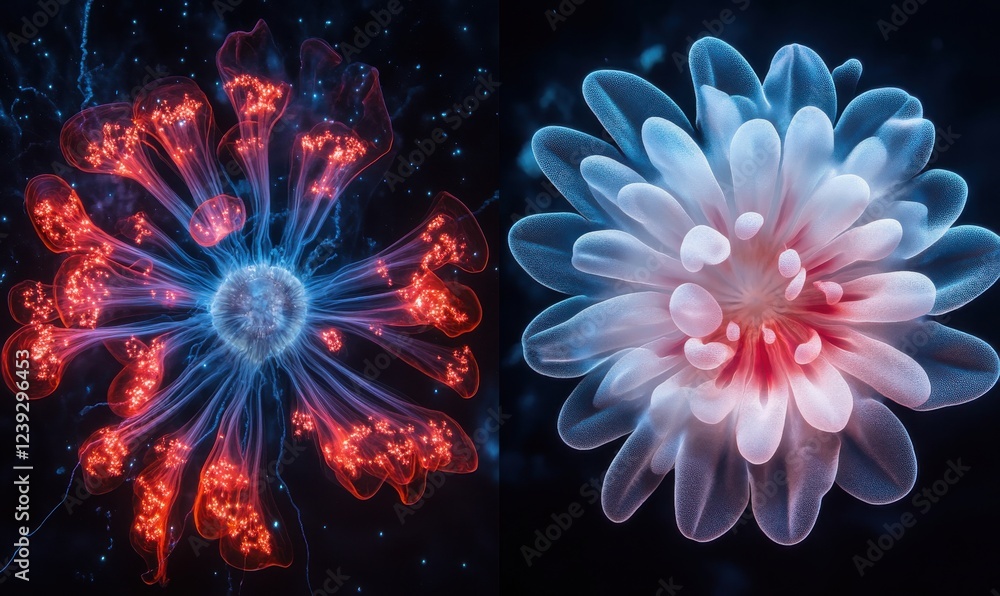 Poster stunning visualization of abstract biological forms blending colors and textures in a captivating sc