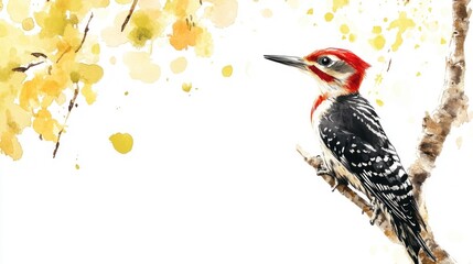 Red-headed woodpecker on branch, autumn leaves, nature scene, wildlife art