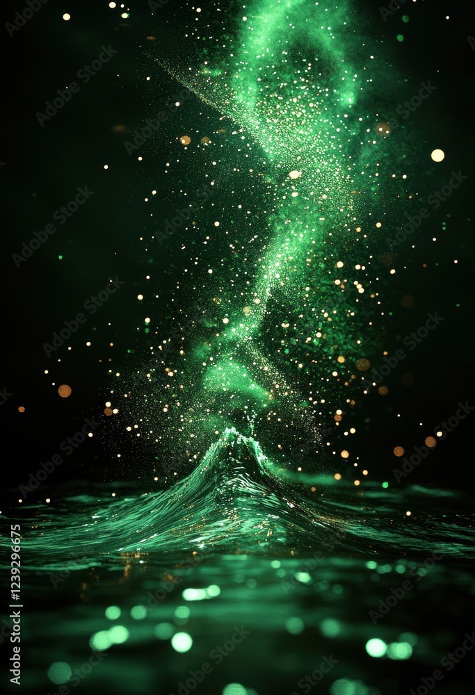 Poster surreal green water splash with sparkling particles and ethereal light against dark background in ab