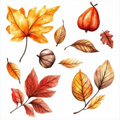 Colorful watercolor autumn leaves and fruits created in a warm artistic style