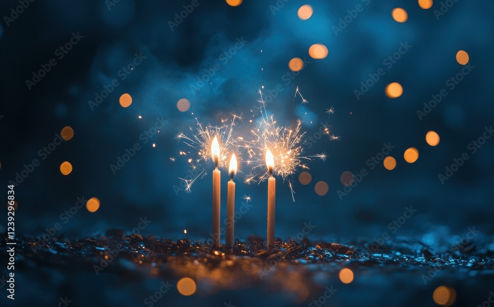Poster three candles with sparkling sparklers on dark surface surrounded by glowing bokeh lights ideal for 