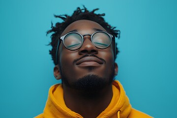 Obraz premium Peaceful Man: Serene Portrait in Yellow Hoodie