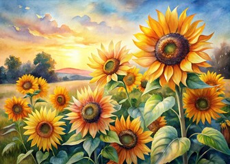 Obraz premium Vibrant Watercolor Sunflowers in a Serene Field