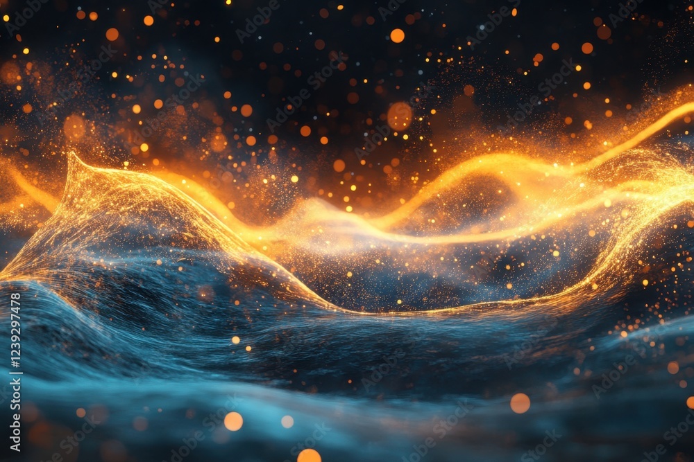 Poster vibrant waves of light and color create an ethereal atmosphere in a digital landscape