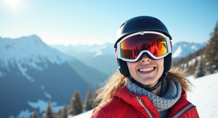 smiling young woman in a ski mask on the background of snowy mountains. winter vacation and recreation
