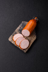 Delicious fresh ham cut into round slices with salt, spices and herbs