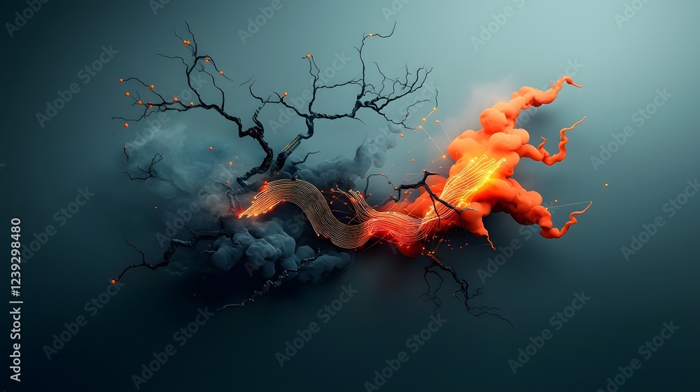 Poster intertwining currents of glowing digital fractals and algorithmic patterns flowing across a darkened