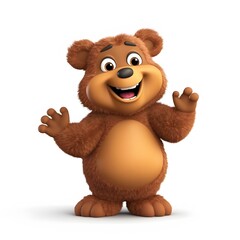 Fototapeta premium Cheerful brown bear waving, studio shot, white background, mascot design