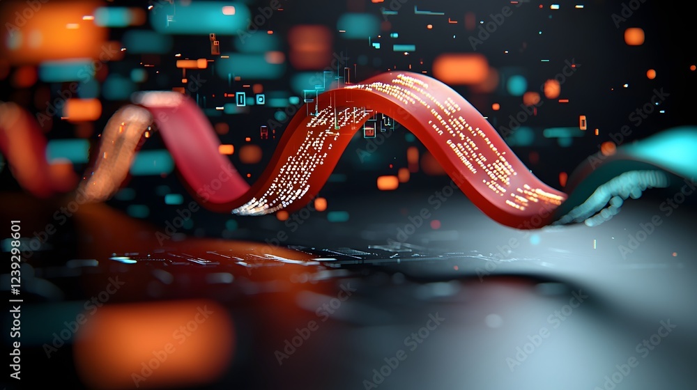 Poster intertwining digital flows glowing geometric fractals and algorithmic patterns on a darkened canvas 