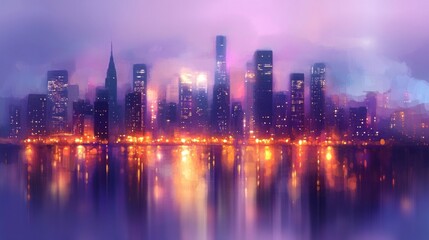 Fototapeta premium Purple And Orange City Skyline At Night Reflection