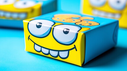 Brightly colored snack packaging featuring a playful cartoon character on a blue background capturing attention at a retail display