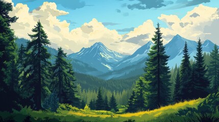 Majestic Mountain Range Viewed From A Verdant Forest