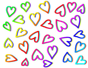 hand drawn gradient rainbow hearts with shadows isolated on transparent background, valentine template