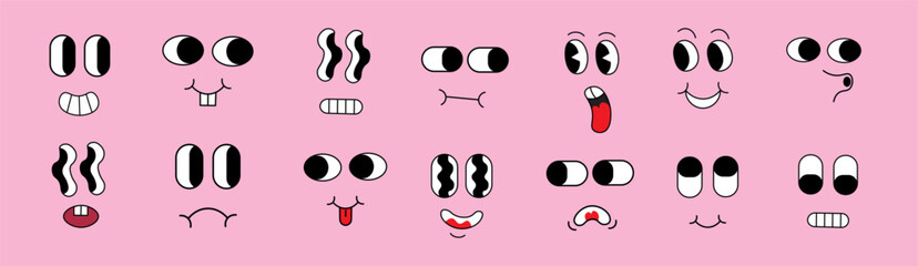 isolated groovy character faces set. elements for stickers posters prints mascots designs characters