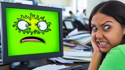 Frustration in the office as woman reacts to cartoon virus on computer screen surrounded by cluttered workspace