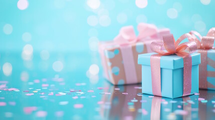 Colorful gift boxes adorned with ribbons and sparkling confetti on a bright turquoise background create a festive atmosphere perfect for celebrations and special occasions