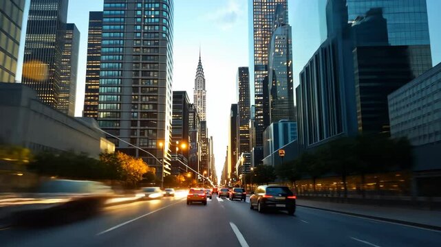 Vibrant cityscape at dusk with high-rise buildings and busy street traffic, capturing urban energy and modern architecture.