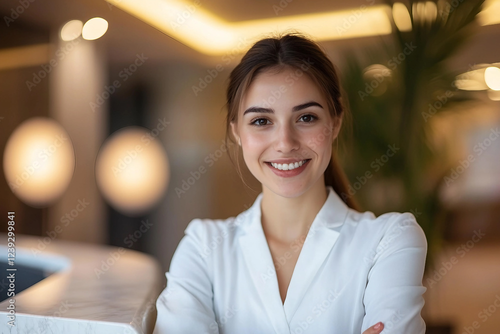 Poster happy receptionist talking to a customer at health spa generative ai image