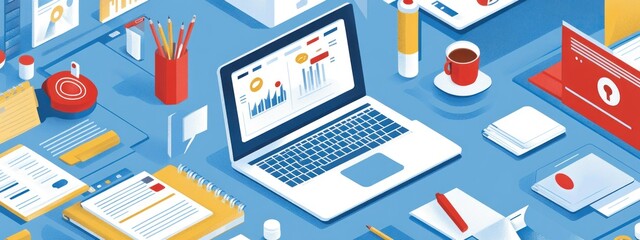 Modern workspace with laptop, documents, and coffee.