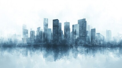 Naklejka premium Blue and Grey City Skyline Watercolor Painting