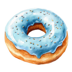 A delicious donut topped with blue icing and sprinkled with white sesame seeds.