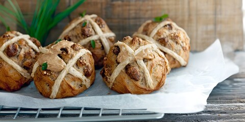 Easter Hot Cross Buns: A close-up view of a collection of freshly baked Easter hot cross buns. These delightful sweet treats are a classic symbol of the Easter holiday.