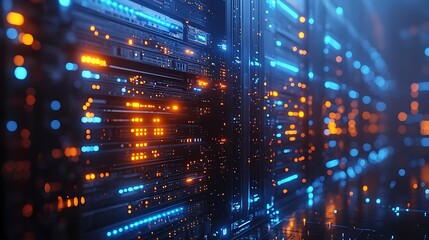 A futuristic server room illuminated with a mesmerizing display of blue and orange lights.