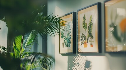 Sunlight on plants and botanical prints in modern interior