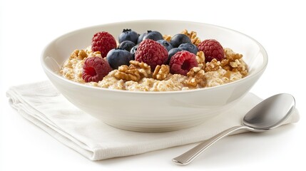Oatmeal in a white ceramic bowl topped with golden honey, chopped walnuts, raspberries, and blueberries. Bright white background with soft natural light. A silver spoon and linen napkin. Horizontal
