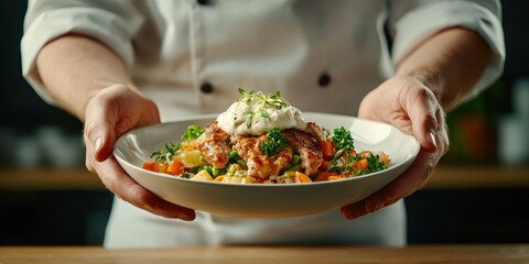 Gourmet dish presentation upscale restaurant food dramatic lighting overhead shot culinary art