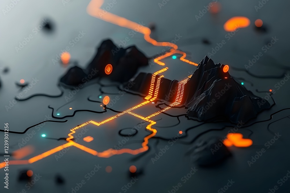 Poster intricate glowing data streams and lines of code pulsing across a shadowy futuristic digital landsca