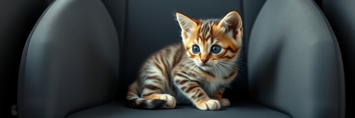 Obraz premium Charming Bengal kitten exploring a modern living room chair in soft light