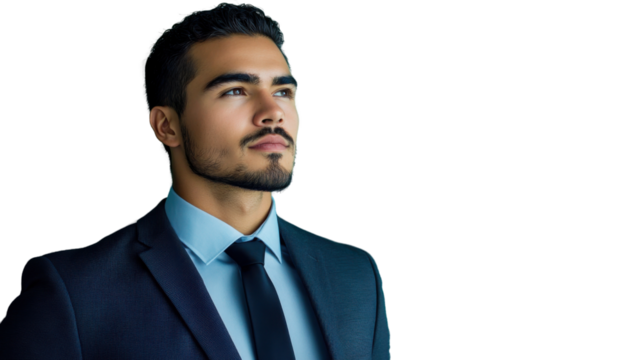 Pensive businessman looking up on transparent background